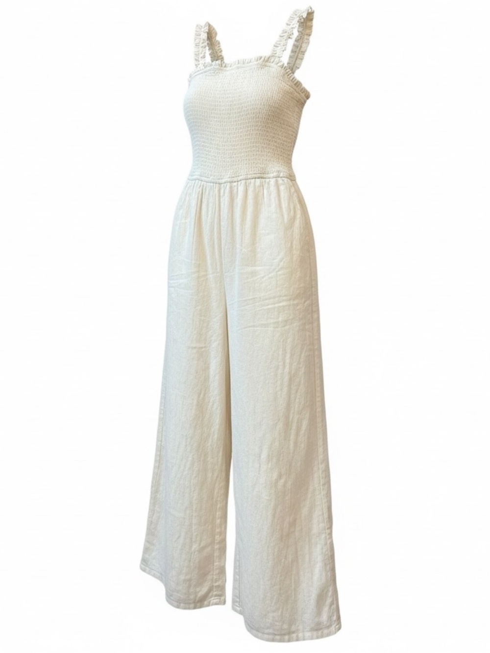 Jessica Simpson ivory linen/flax blend smocked top wide leg jumpsuit size Medium